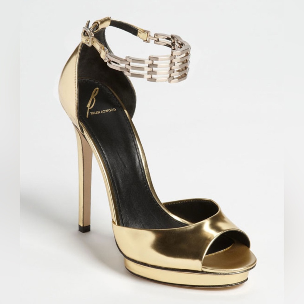 Brian Atwood Women’s Cassise Gold Metal Ankle Strap Stilettos Shoes Size 6/36